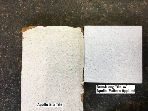 This image shows a comparison of an Apollo-era ceiling tile with the historically accurate laser cut ceiling tile that will be used in the restored Apollo MCC.